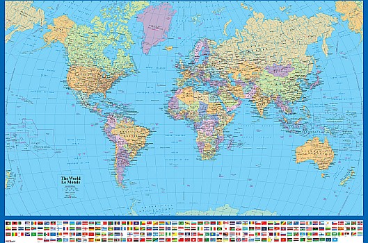 World Political WALL Map with Flags. Laminated.