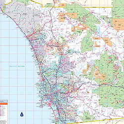 San Diego Area WALL Map, California, America.
