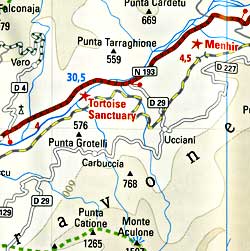 Corsica Road and Physical Tourist Map, France.
