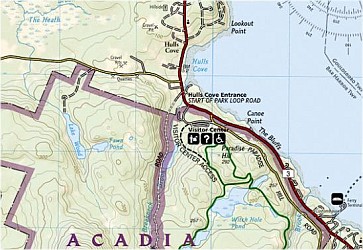 Acadia National Park, Road and Recreation Map, Maine, America.