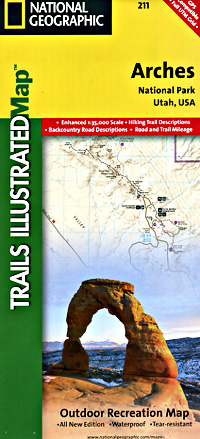 Arches National Park, Road and Recreation Map, Utah, America.