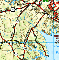 Delmarva Peninsula, Road and Recreation Map, Virginia, America.