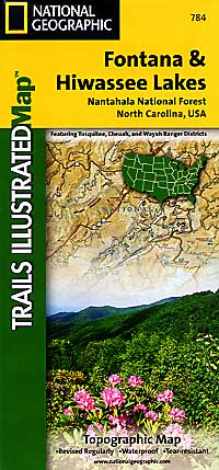 Fontana and Hiwasee Lakes, Road and Recreation Map, North Carolina, America.