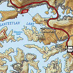Fontana and Hiwasee Lakes, Road and Recreation Map, North Carolina, America.