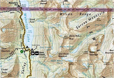 Glacier and Waterton Lakes National Park, Road and Recreation Map, Montana, America.