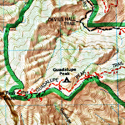 Guadalupe Mountains National Park, Road and Recreation Topographic Map, Texas, America.