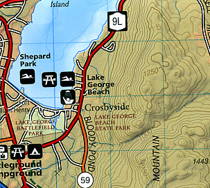 Adirondack Park (Lake George and Great Sacandaga Lake Section), Road and Recreation Map, New York, America.