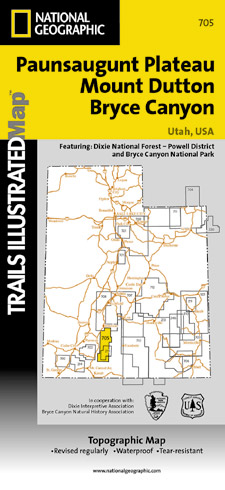 Paunsaugunt Plateau and Bryce, Road and Recreation Map, Utah, America.