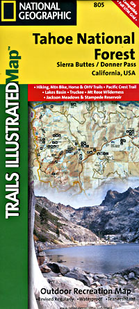 Tahoe National Forest, Road and Recreation Map, California and Nevada, America.