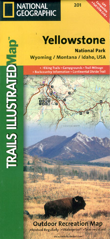 Yellowstone National Park, Road and Recreation Map, Wyoming, America.