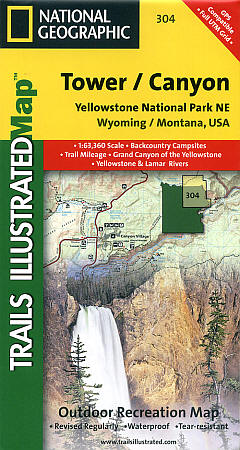 Yellowstone National Park North East (Tower and Canyon), Road and Recreation Map, Wyoming, America.