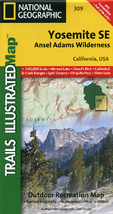 Yosemite National Park South East, Road and Recreation Map, California, America.