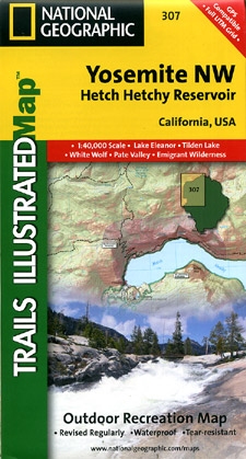 Yosemite National Park North West, Road and Recreation Map, California, America.