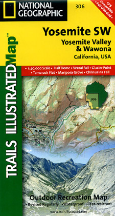 Yosemite National Park South West, Road and Recreation Map, California, America.