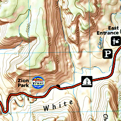 Zion National Park, Road and Recreation Map, Utah, America.