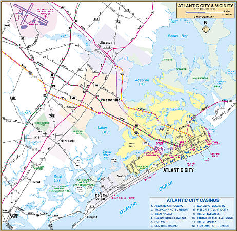 Atlantic City WALL Map, New Jersey, America.