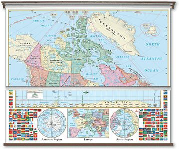 Canada and World Primary Combo "Classroom" WALL Map On Roller with Backboard.
