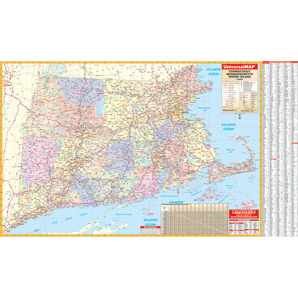 Connecticut, Rhode Island and Massachusetts WALL Map.