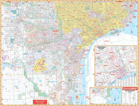 Detroit and Wayne County WALL Map, Michigan, America.