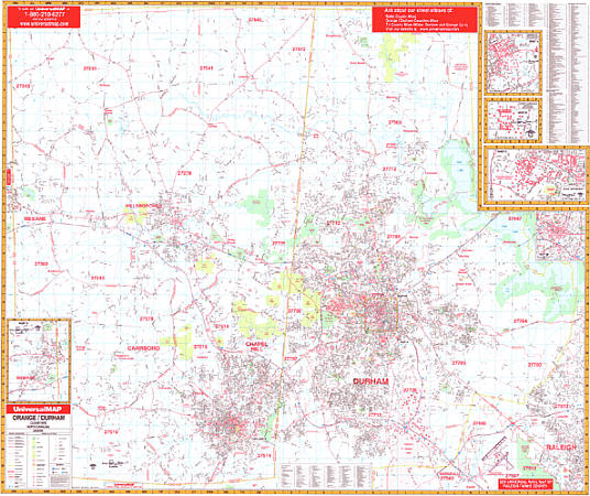 Durham and Chapel Hill WALL Map, North Carolina, America.
