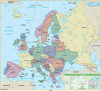 Europe Essential "Classroom" WALL Map On Roller with Back Board.