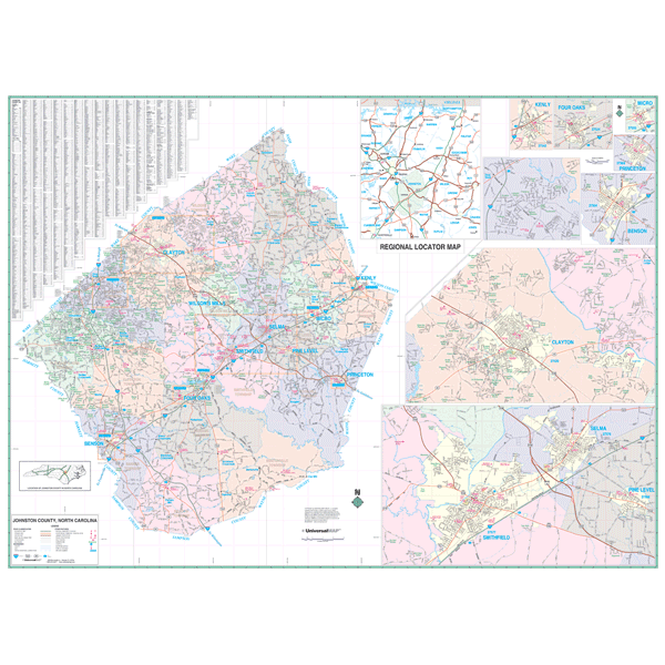 Johnston County WALL Map, North Carolina, America.