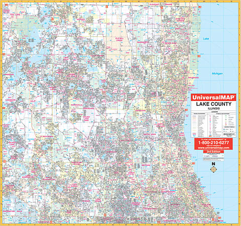 Lake County WALL Map, Illinois, America.