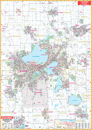 Madison WALL Map, Wisconsin, America.