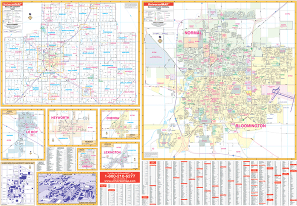 Peoria and Bloomington Vicinity WALL Map, Illinois, America.