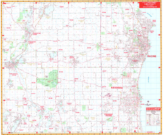 Racine and Kenosha WALL Map, Wisconsin, America.