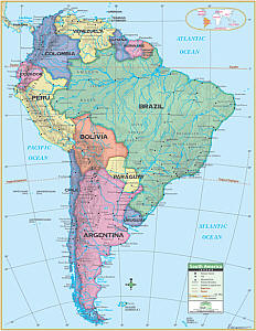 South America Primary "Classroom" WALL Map Railed.
