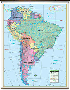 South America Primary "Classroom" WALL Map On Roller with Backboard.