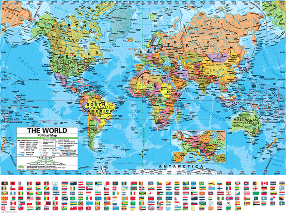World Advanced Political Rolled WALL Map with FLAGS.