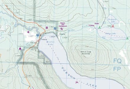 Bowron Lakes, Road and Physical Travel Reference Map.