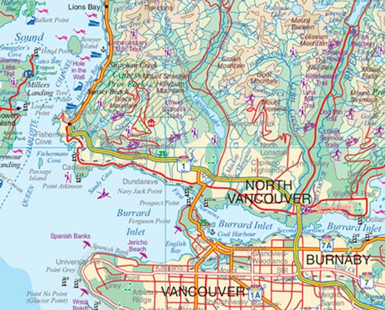 Fraser Valley and Vancouver, Road and Travel Reference Map, British Columbia, Canada.