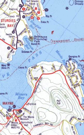 Gulf Islands, Road and Physical Travel Reference Map, British Columbia, Canada.