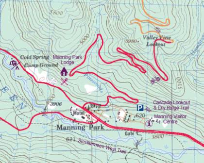 Manning Park and Skagit, Road and Physical Travel Reference Map, British Columbia, Canada.