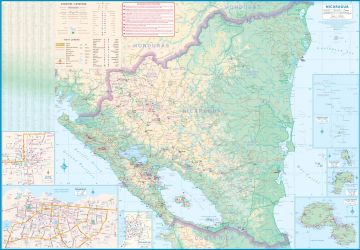 Nicaragua and El Salvador Road and Physical Travel Reference Map.
