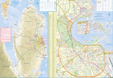 Qatar and Bahrain Road and Physical Travel Reference Map.