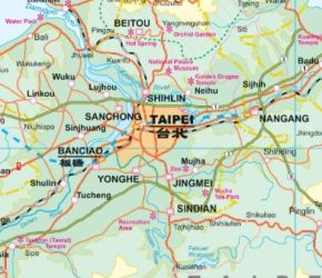 Taiwan and Taipei Road and Physical Travel Reference Map.