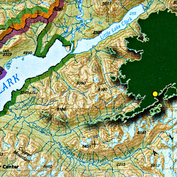 Lake Clark National Park, Road and Recreation Map, Alaska, America.